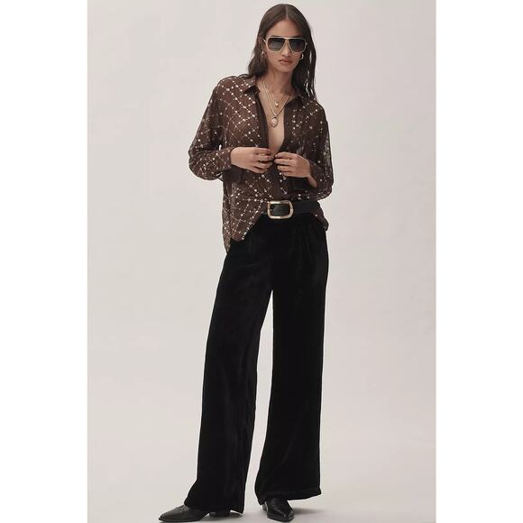 NWT Anthropologie Wide-Leg Velvet Pants $148 MEDIUM Black PLEATED Back Elastic - Picture 2 of 6